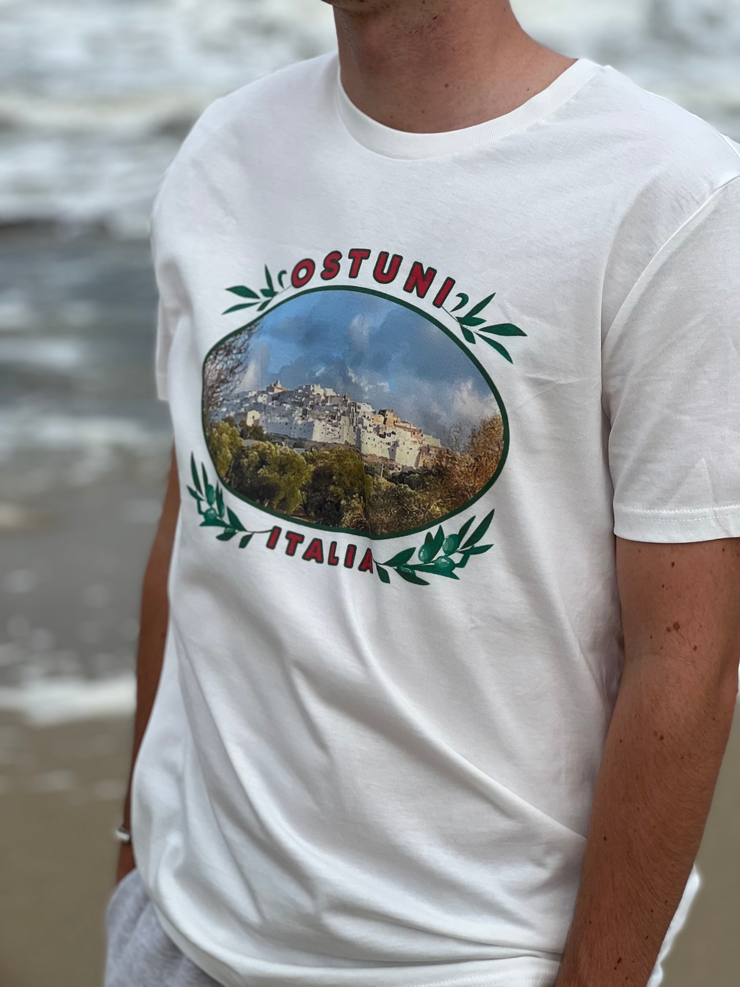 T-shirt -  off-white with Ostuni  photo in medallion Unisex