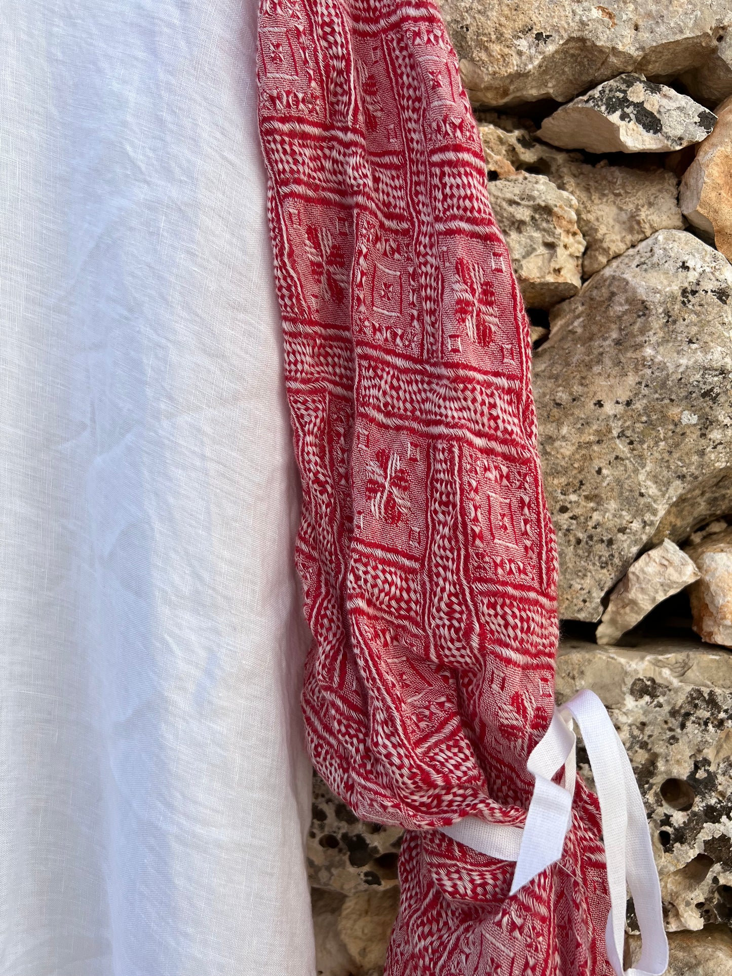 Dress -  White linen and old red Italian fabric